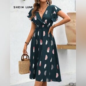 SHEIN Dark Midi Dress with Feather Pattern